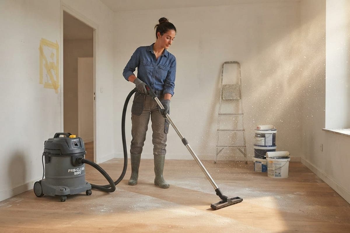Intervenante aspirant les poussières fines après un chantier